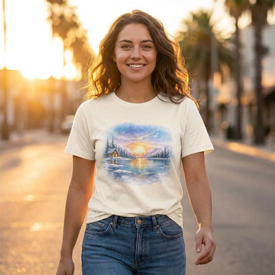 Midnight Sun Landscape Tee, Watercolor Mountain Cabin, product photo, Alaska-inspired and nature-inspired Alaska graphic tee by Evernorth Design