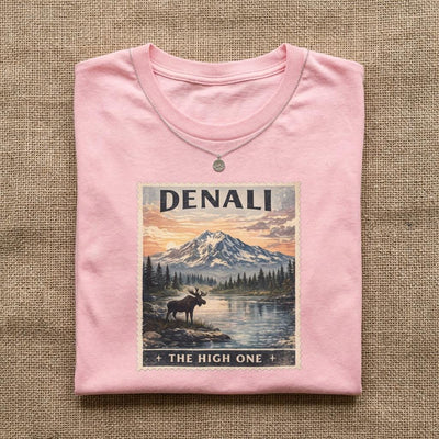 Denali Mountain Sunset T-Shirt, The High One National Park, product photo, Alaska-inspired and nature-inspired Alaska graphic tee by Evernorth Design