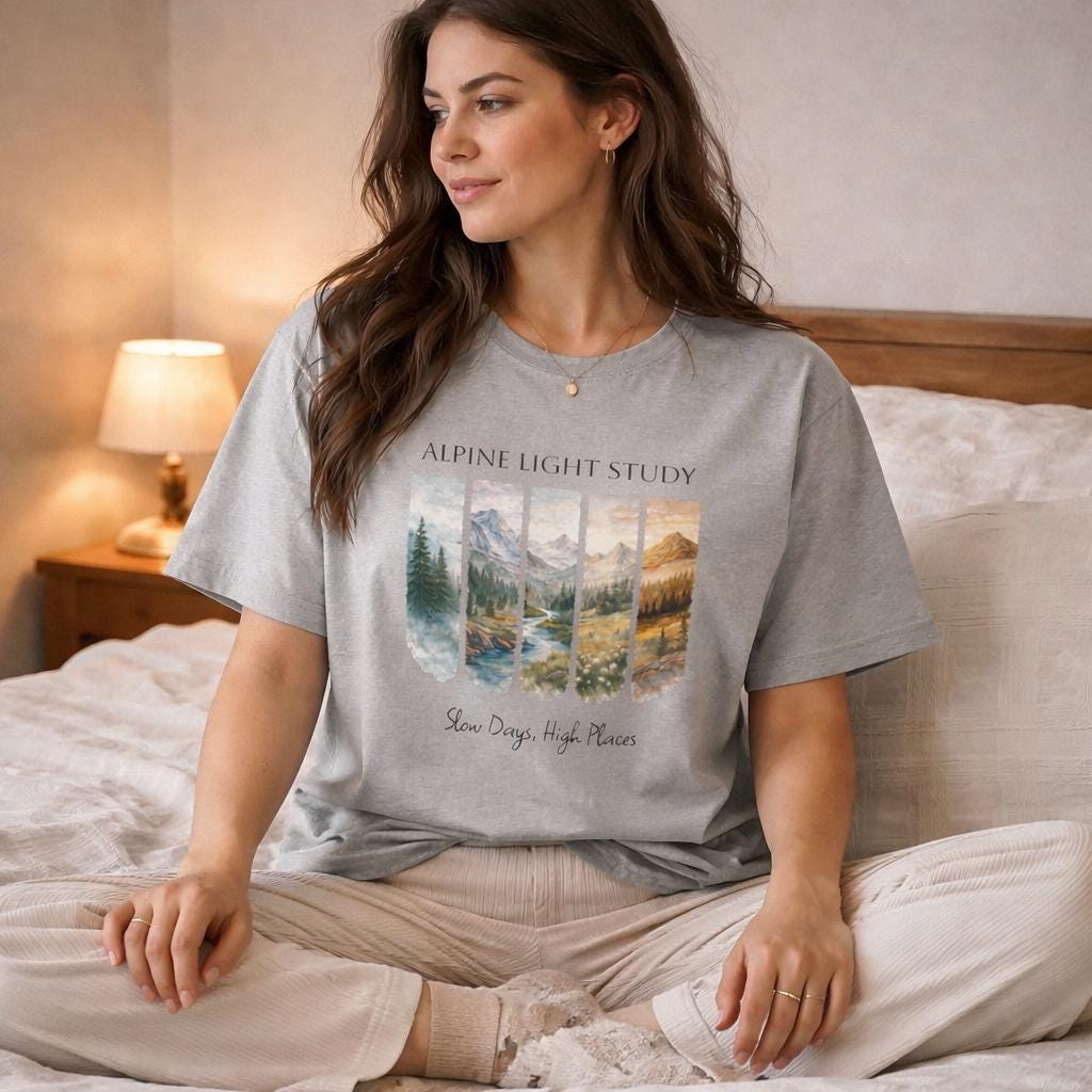 Alpine Light Study T-Shirt, Mountain Landscape Graphic Tee, main product photo, nature-inspired graphic tee by Evernorth Design