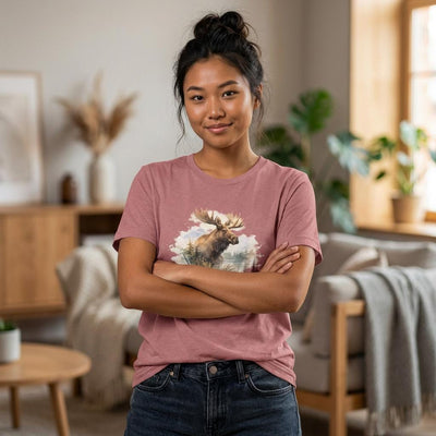 Watercolor Moose T-Shirt, Rustic Wildlife Tee, product photo, nature-inspired graphic tee by Evernorth Design