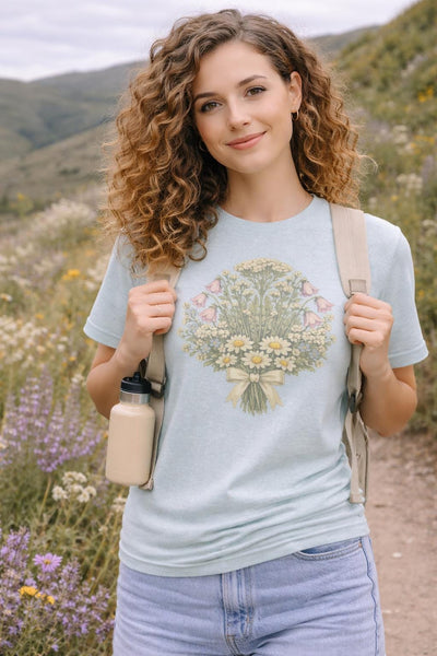 Wildflower Bouquet Shirt, Daisy & Foxglove Illustration, product photo, botanical graphic tee by Evernorth Design
