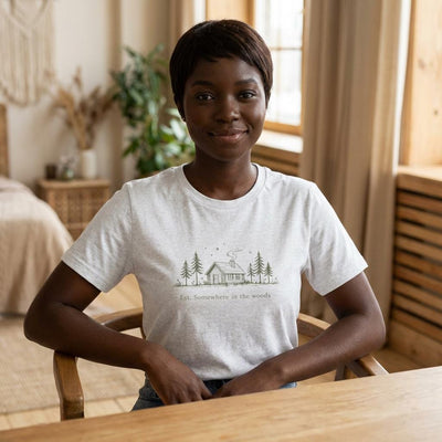 Cabin in Pines illustration Tee, Cozy Woodland Scenic Shirt, product photo, elevated everyday graphic tee by Evernorth Design