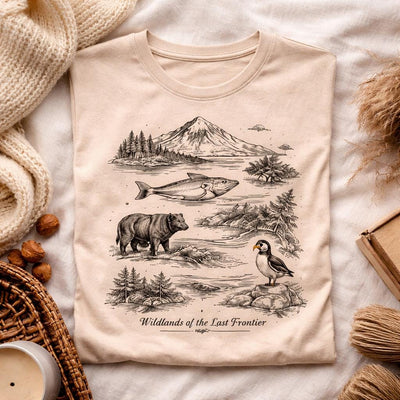 Wilderness Wildlife Illustration Tee, Bear, Salmon, Moose, Mountain Shirt, product photo by Evernorth Design