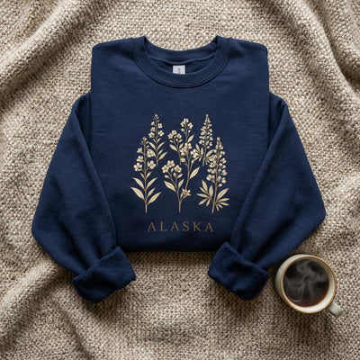 Northern Bloom Crewneck, Alaska Wildflowers Sweatshirt, product photo, Alaska-inspired and nature-inspired Alaska graphic tee by Evernorth Design
