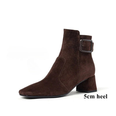Womens Suede Ankle Booties with Block Heel, product photo, elevated everyday women’s footwear by Evernorth Design