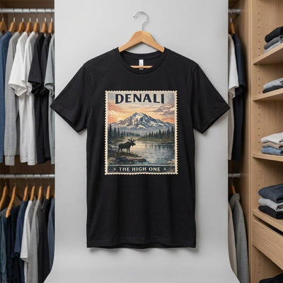 Denali Mountain Sunset T-Shirt, The High One National Park, product photo, Alaska-inspired and nature-inspired Alaska graphic tee by Evernorth Design