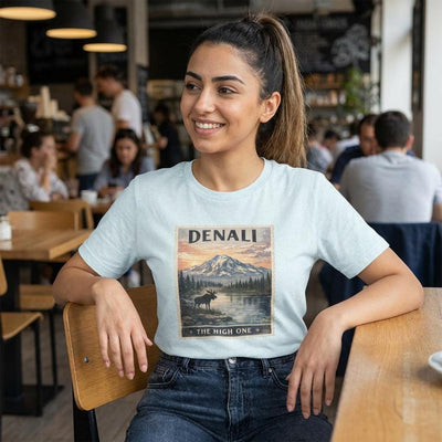 Denali Mountain Sunset T-Shirt, The High One National Park, product photo, Alaska-inspired and nature-inspired Alaska graphic tee by Evernorth Design