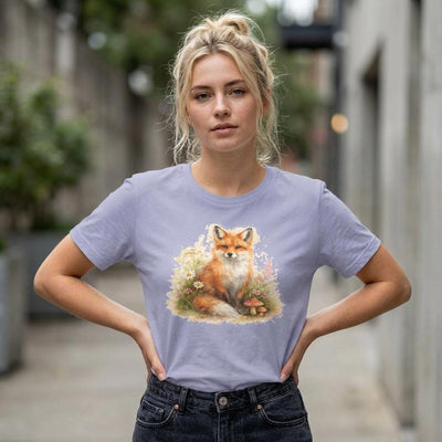 Watercolor Fox Tee, Sitting Fox with Flowers and Mushrooms, product photo, botanical graphic tee by Evernorth Design