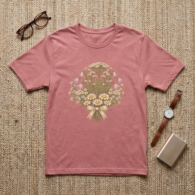 Wildflower Bouquet Shirt, Daisy & Foxglove Illustration, product photo, botanical graphic tee by Evernorth Design