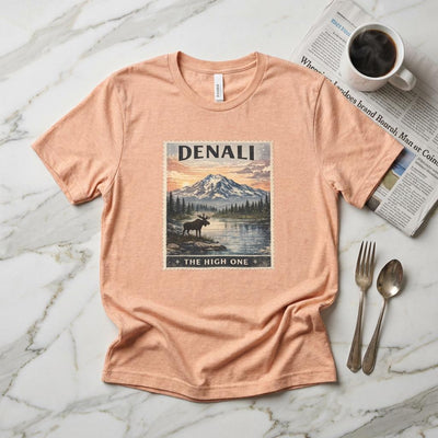 Denali Mountain Sunset T-Shirt, The High One National Park, product photo, Alaska-inspired and nature-inspired Alaska graphic tee by Evernorth Design