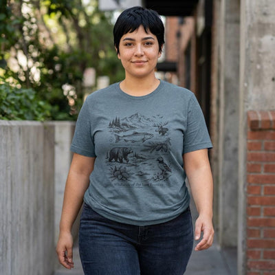 Wilderness Wildlife Illustration Tee, Bear, Salmon, Moose, Mountain Shirt, product photo by Evernorth Design