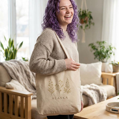 Northern Bloom, Alaska Wildflowers Tote Bag, product photo, Alaska-inspired and nature-inspired everyday bag by Evernorth Design