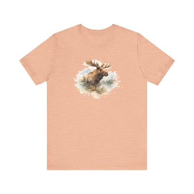 Watercolor Moose T-Shirt, Rustic Wildlife Tee, product photo, nature-inspired graphic tee by Evernorth Design