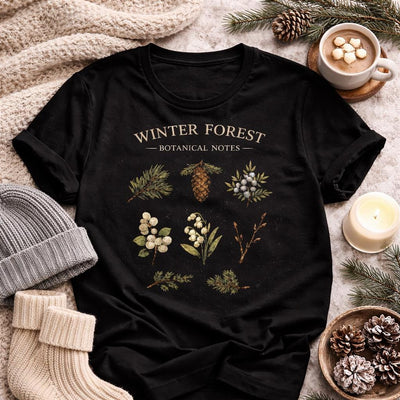 Winter Forest Botanical Tee, Pinecone & Rustic Foliage Shirt, product photo, botanical graphic tee by Evernorth Design