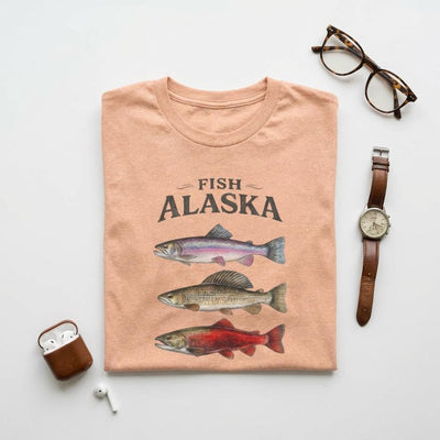 Alaska Fish T Shirt, Trout Salmon Graphic Tee, product photo, Alaska-inspired and nature-inspired Alaska graphic tee by Evernorth Design