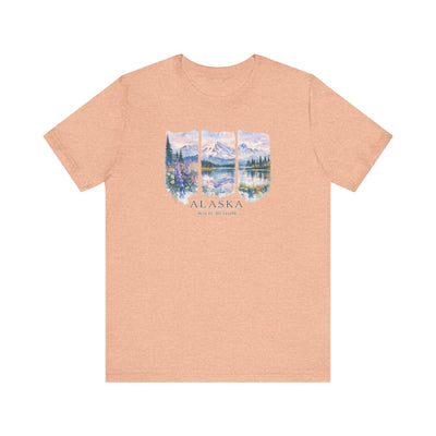 Alaska watercolor landscape tee, Landscape Shirt, product photo, Alaska-inspired and nature-inspired Alaska graphic tee by Evernorth Design