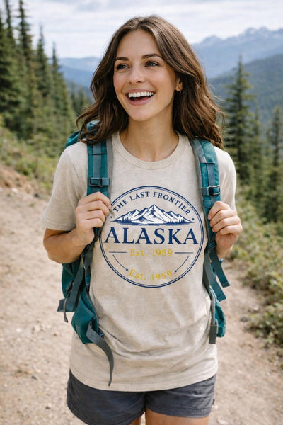 Alaska The Last Frontier, Classic Emblem Tee, product photo, Alaska-inspired and nature-inspired Alaska graphic tee by Evernorth Design
