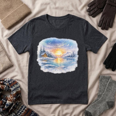 Midnight Sun Landscape Tee, Watercolor Mountain Cabin, product photo, Alaska-inspired and nature-inspired Alaska graphic tee by Evernorth Design