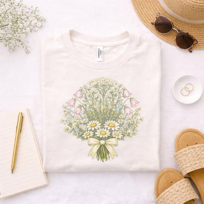 Wildflower Bouquet Shirt, Daisy & Foxglove Illustration, product photo, botanical graphic tee by Evernorth Design