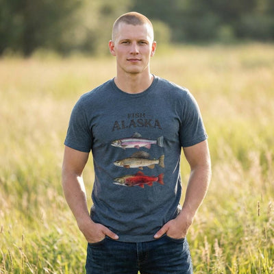 Alaska Fish T Shirt, Trout Salmon Graphic Tee, product photo, Alaska-inspired and nature-inspired Alaska graphic tee by Evernorth Design