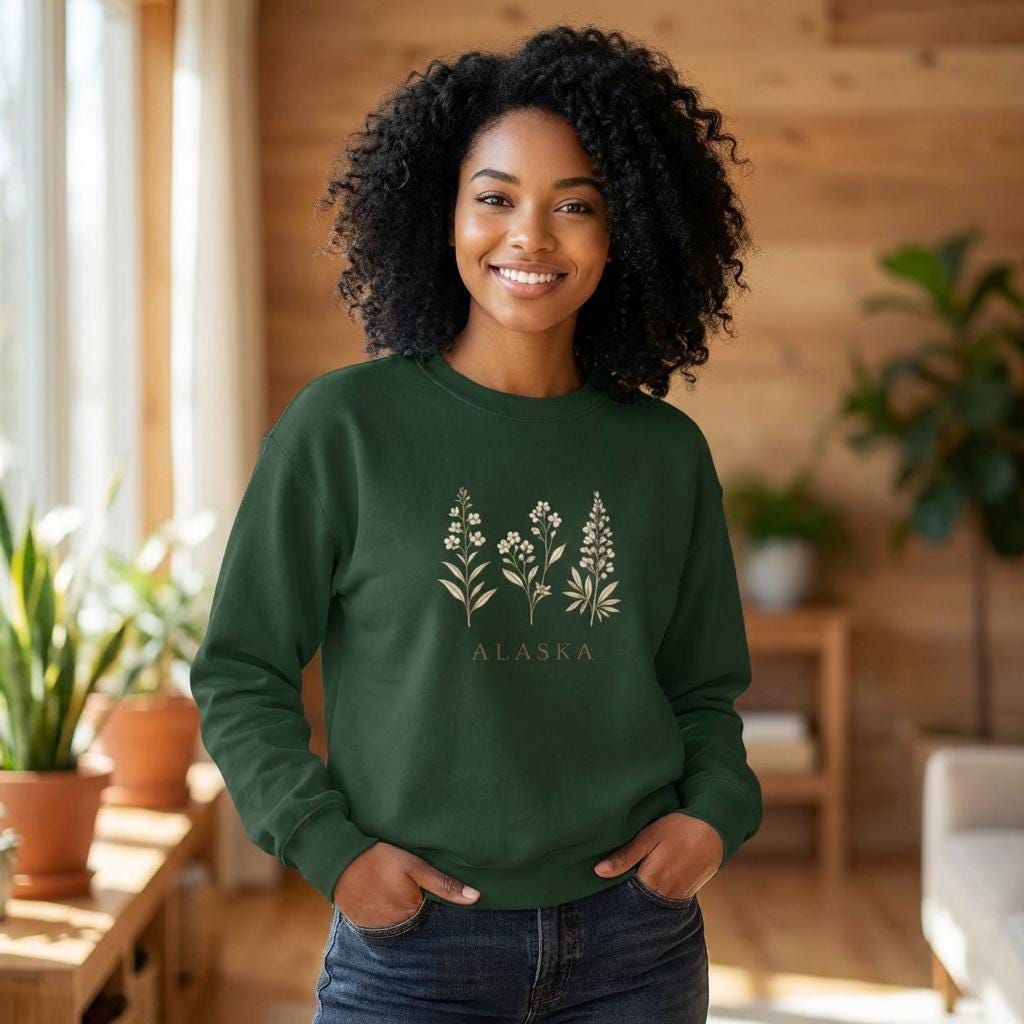 Northern Bloom Crewneck, Alaska Wildflowers Sweatshirt, main product photo, Alaska-inspired and nature-inspired Alaska graphic tee by Evernorth Design