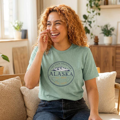 Alaska The Last Frontier, Classic Emblem Tee, product photo, Alaska-inspired and nature-inspired Alaska graphic tee by Evernorth Design