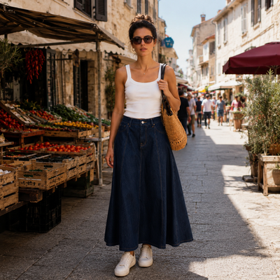 Alpine Coast Denim Midi Skirt, main product photo, elevated everyday women’s everyday clothing by Evernorth Design